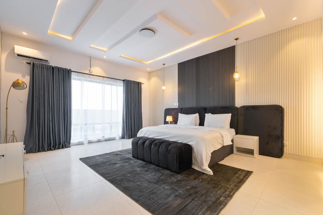 Master Bedroom Wide View with Charcoal Drapes